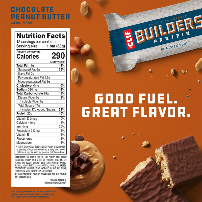 CLIF Builders - Chocolate Peanut Butter Flavor - Protein Bars，20g Protein - 2.4 oz. (12 Pack)